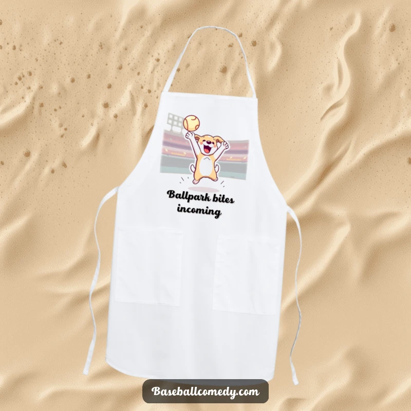 Funny apron with an energetic dog jumping to catch a home run baseball, adding a playful touch to cooking.