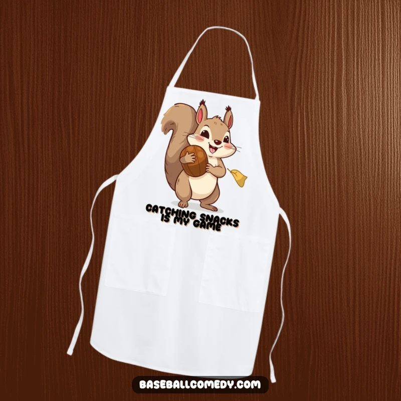 Funny apron: A happy squirrel in oversized baseball mitts is about to catch a giant acorn, a humorous culinary companion.