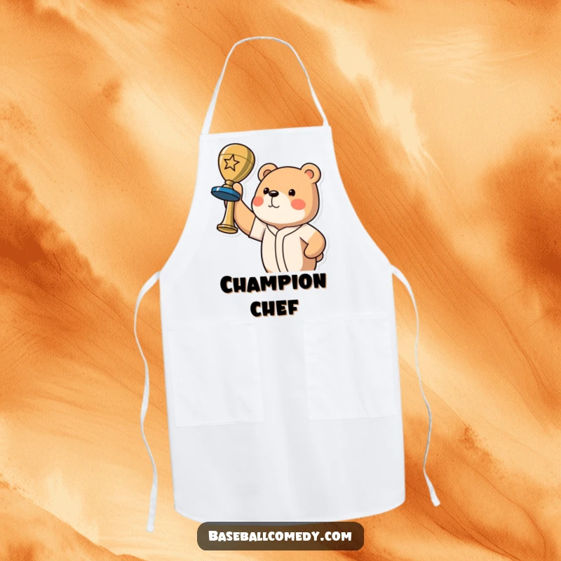 Funny bear champion apron showing a proud bear holding a baseball trophy, celebrating victory in the kitchen.