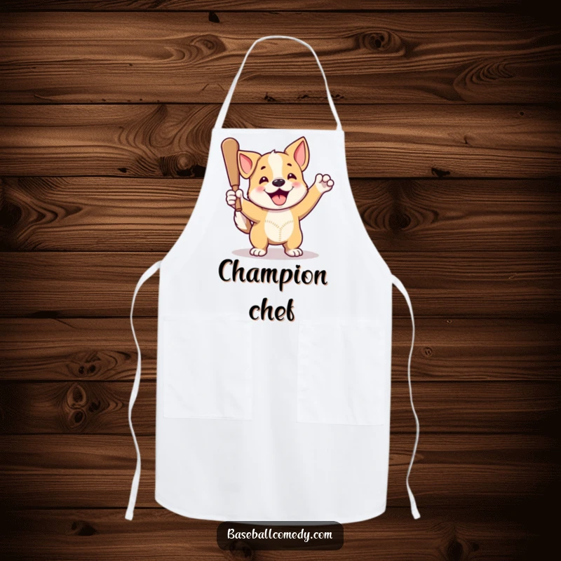 Funny dog apron featuring a proud dog with a wagging tail hitting a home run, perfect for baseball-loving cooks.