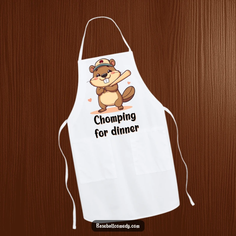 Funny apron with a brave beaver smiling widely while hitting a baseball home run, perfect for a humorous cook.