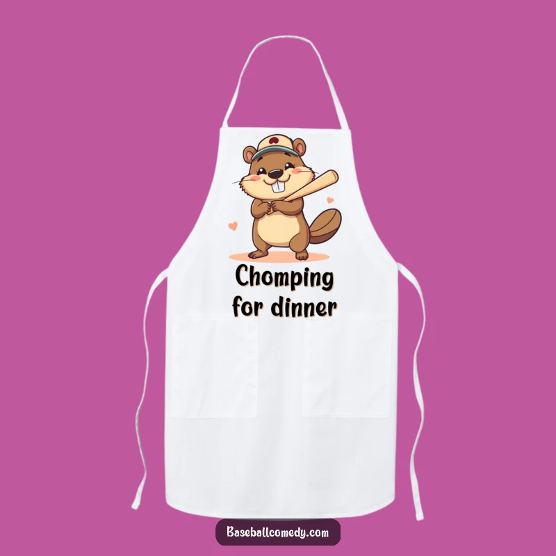 Funny Beaver Home Run Apron: Smiling Batter, Humorous Baseball Chef Gift