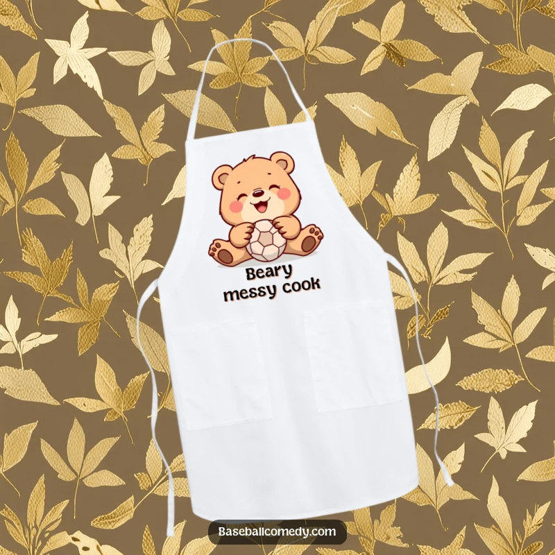 Funny bear apron with a bear athlete catching a ball, ideal for cooks who enjoy humorous kitchen accessories and gifts.