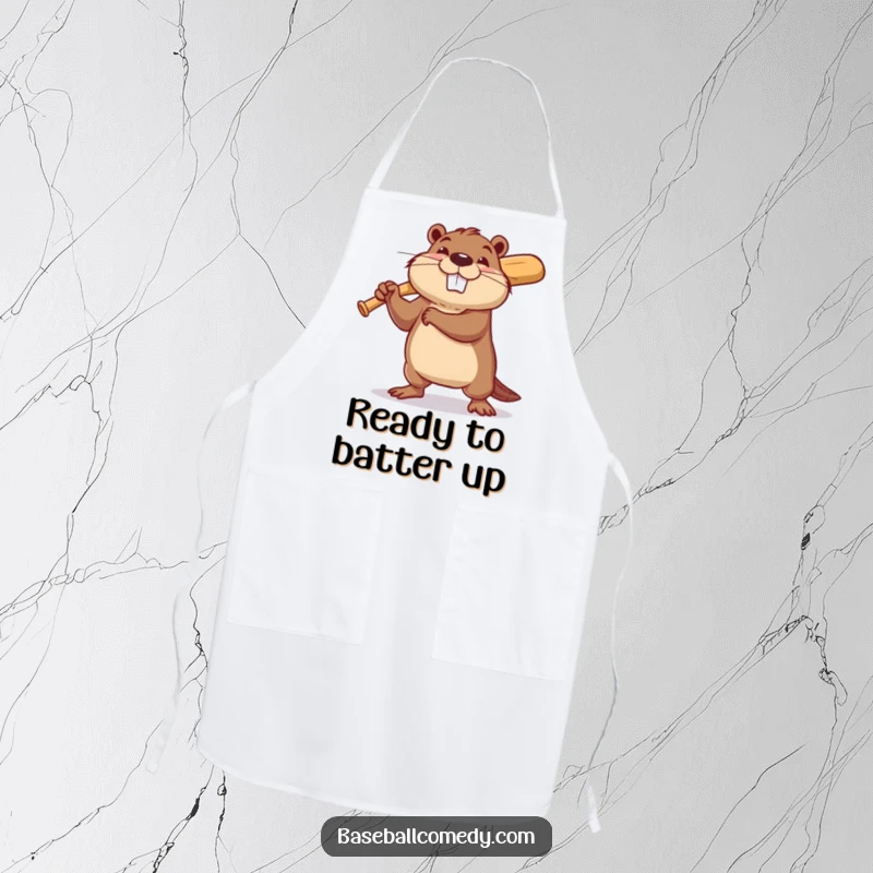 Funny beaver apron showing a determined beaver swinging a tiny baseball bat with a hopeful grin, ready for cooking.