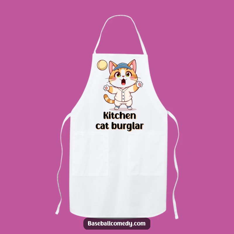 Funny Cat Baseball Apron: Surprised Feline Catcher Kitchen Wear
