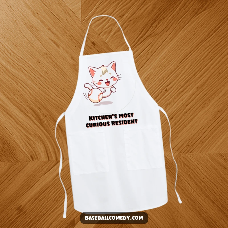 Funny cat apron showing a playful kitten comically chasing a baseball, designed for kitchen fun and pet lovers.