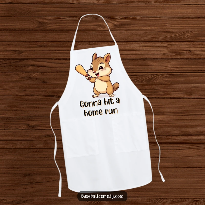 Funny chipmunk apron, cheerfully swinging a tiny baseball bat with gusto, kitchen gear with humor.