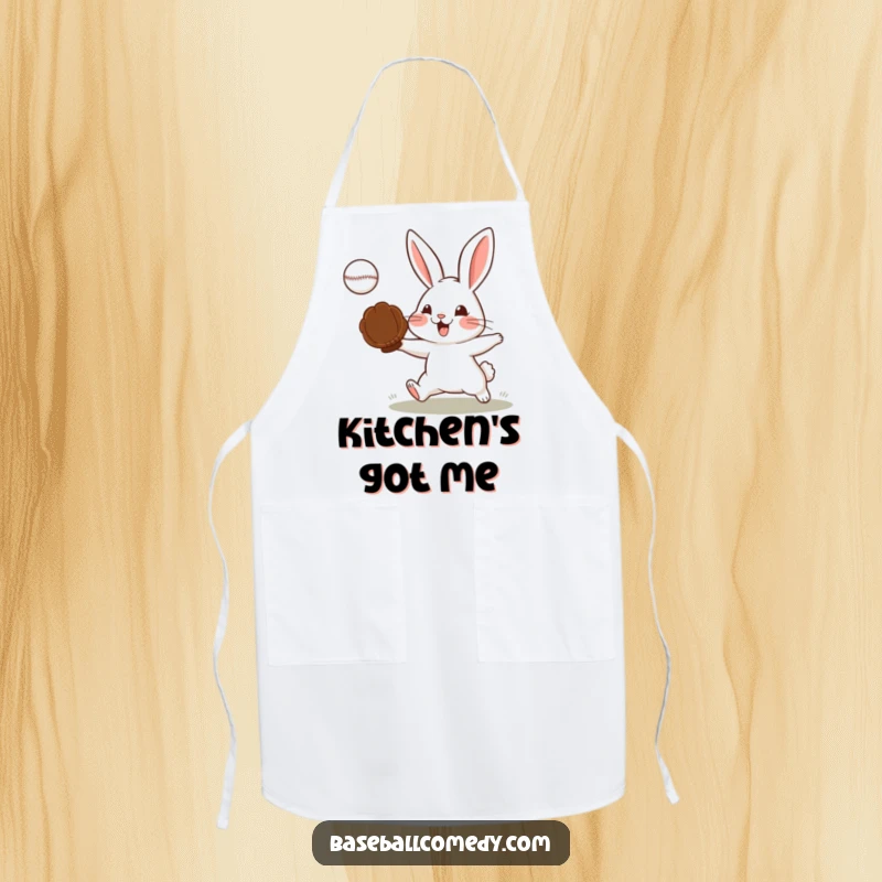 Funny apron with a determined rabbit catching a baseball, perfect for a focused and humorous cooking experience.