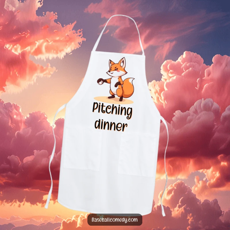 Funny apron featuring a determined fox mid-pitch, perfect for a humorous and precise cooking experience.