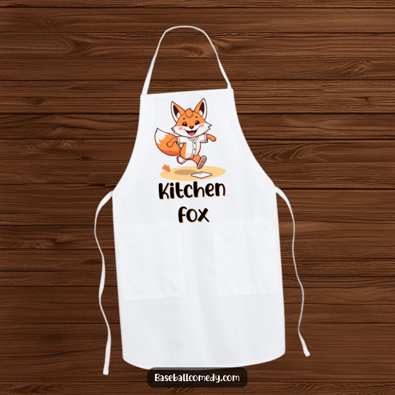 Funny Apron: A grinning fox sprints determinedly around baseball bases, designed for the fast-paced cook.