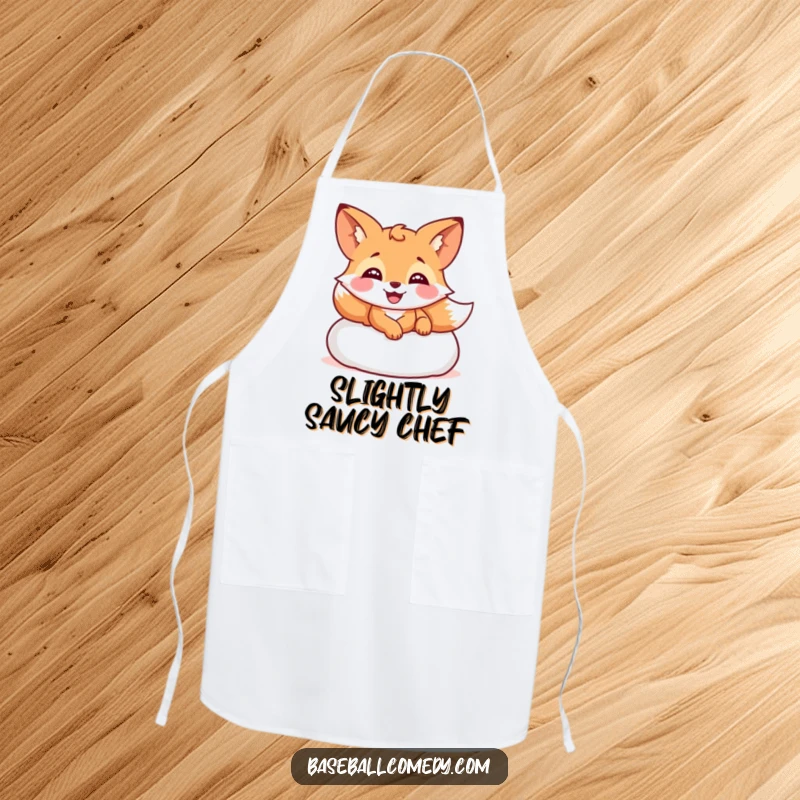 Funny apron with a giggling fox sliding into home plate, perfect for a humorous kitchen experience.