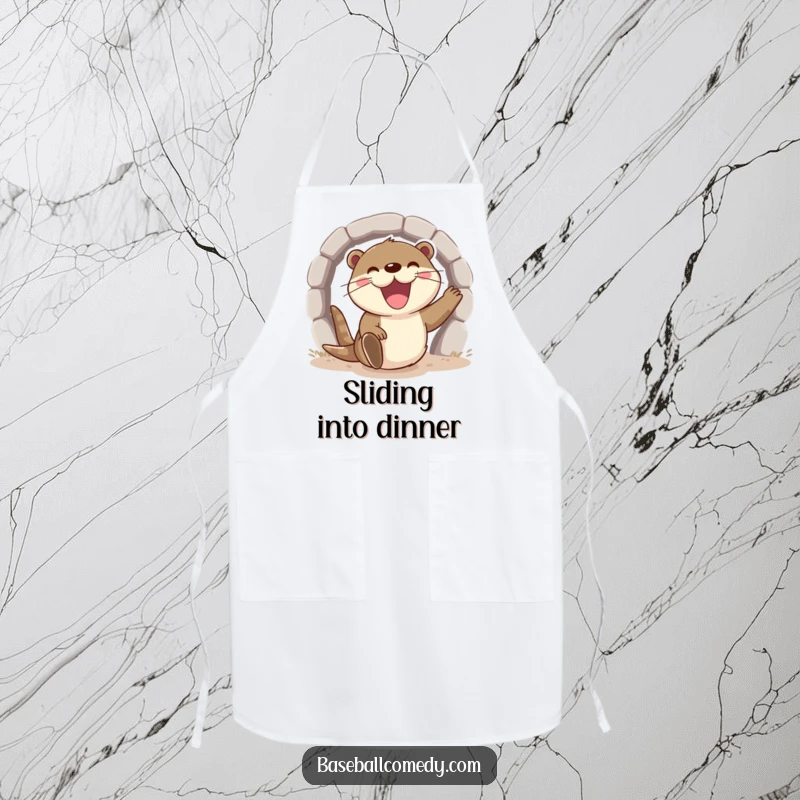 Funny otter apron, excitedly sliding into home base with a wide grin, humorous kitchen apparel.