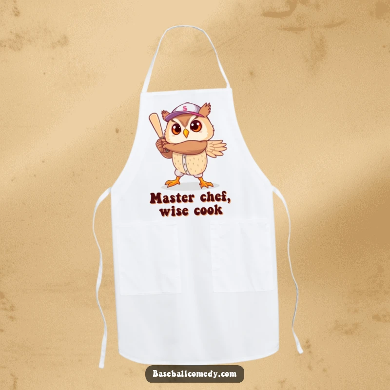 Funny apron: A cute owl strikes a heroic baseball player pose, a humorous and practical kitchen accessory.
