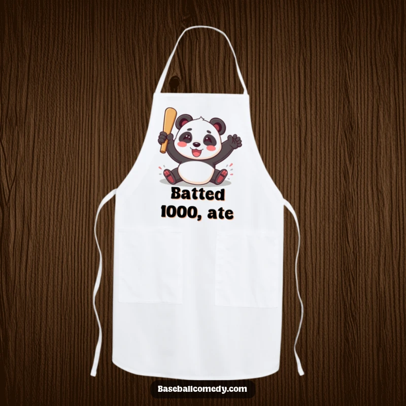 Funny apron featuring a playful panda sliding into home plate with a triumphant smile, ready for baseball-themed cooking.