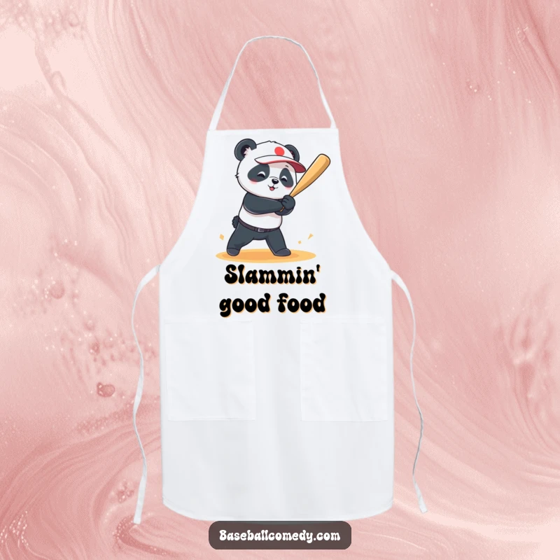 Funny apron featuring a playful panda hitting a baseball for a grand slam, perfect for a humorous and protective kitchen experience.