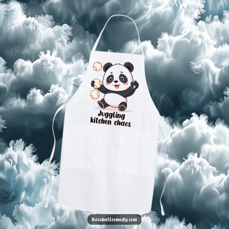 Funny panda in a chef hat, juggling baseballs precariously over a mixing bowl, on a kitchen apron, humorous cooking gift.