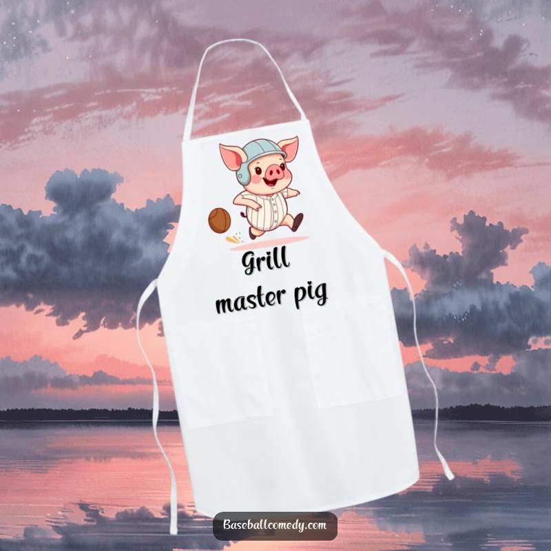 Funny pig wearing a helmet, comically running the bases with large strides, ideal for kitchen use on this humorous apron.