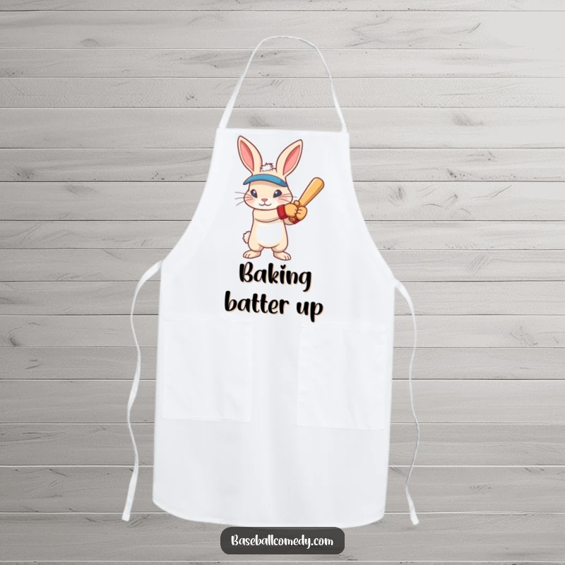 Funny rabbit wearing batting gloves, intense focus, ready to swing, printed on a practical kitchen apron.