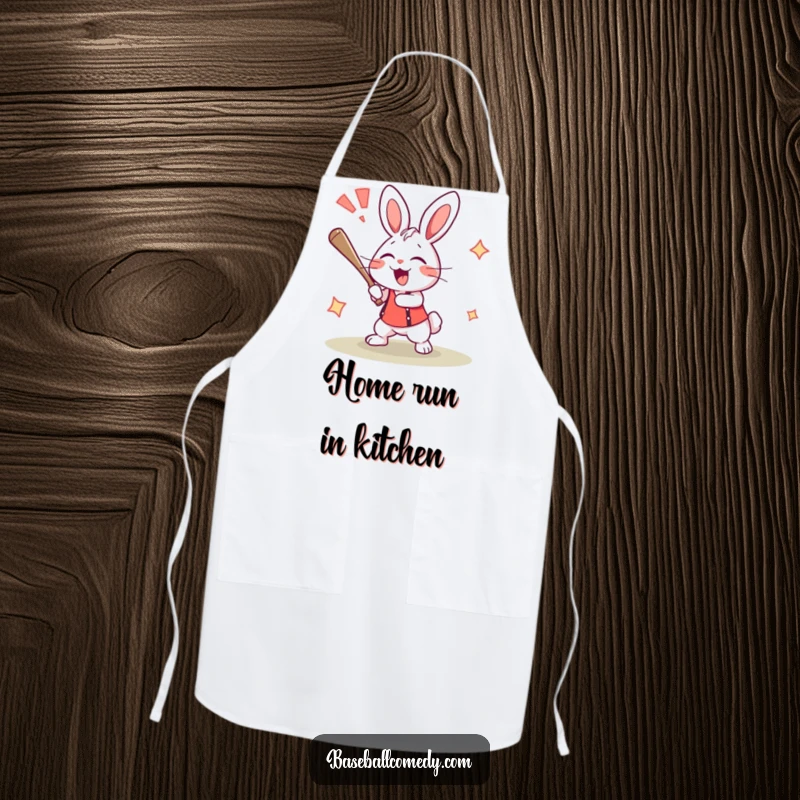 Funny rabbit apron showing an excited bunny hitting a home run and cheering, perfect for kitchen fun.