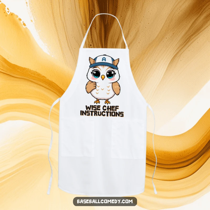 Funny apron with a winking owl coaching from first base, perfect for adding humorous strategic flair to cooking.