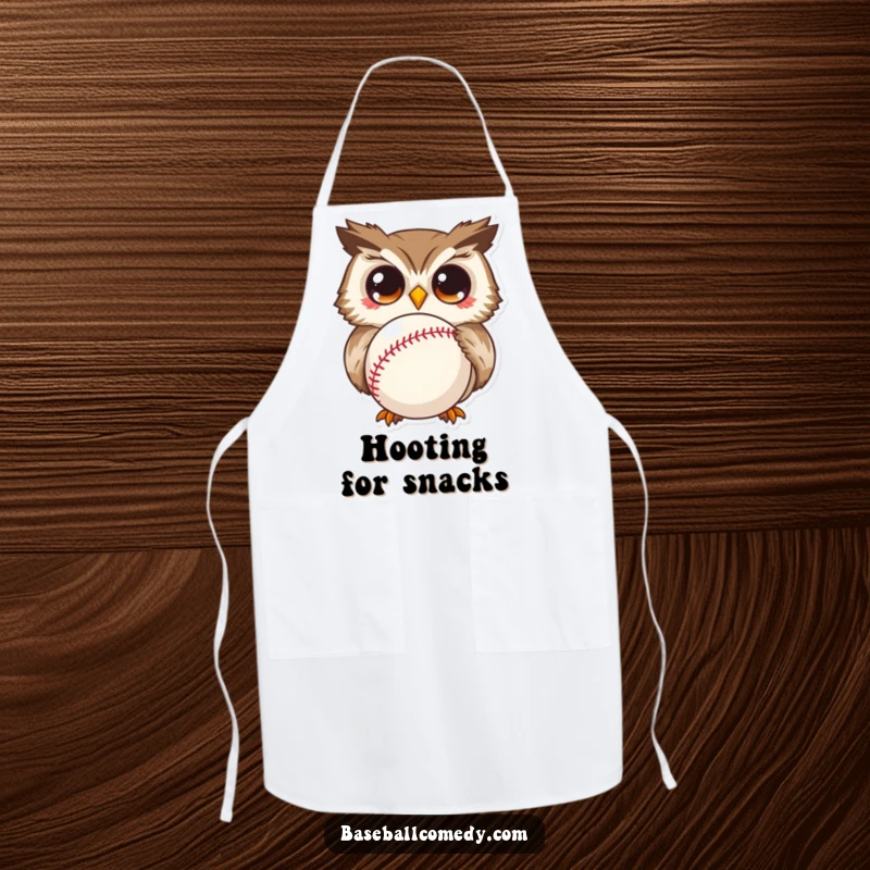 Funny apron with a curious owl sporting wide eyes, observing a baseball, ideal for a humorous kitchen statement.