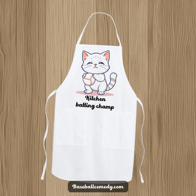 Funny apron featuring a content cat batting at a baseball, a humorous and practical item for the kitchen.