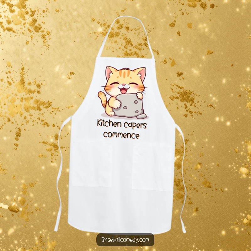 Funny apron featuring a giggling cat executing a successful, stealthy baseball base steal, perfect for kitchen humor.