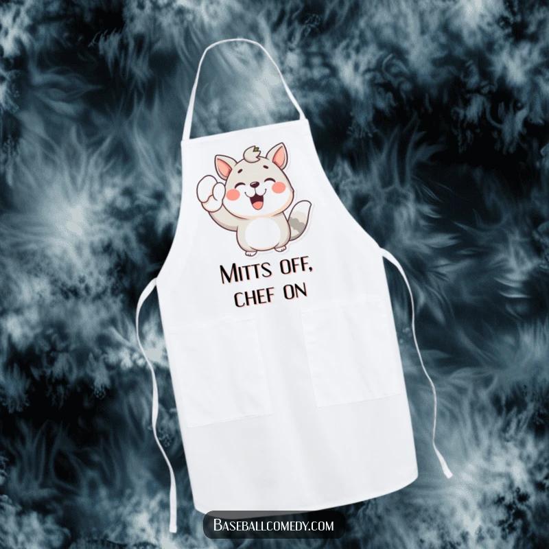 Funny apron depicting a joyful animal with a raised mitt, ready to celebrate culinary victories with a cheerful attitude.