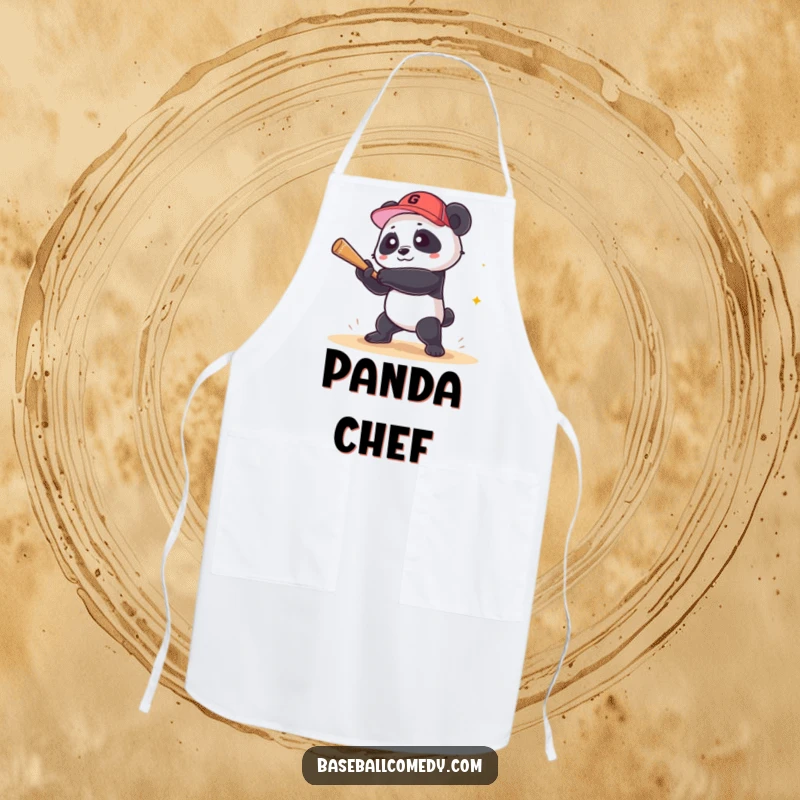 Funny panda apron featuring a playful panda hitting a grand slam, ideal for home cooks who enjoy humorous and celebratory kitchen wear.
