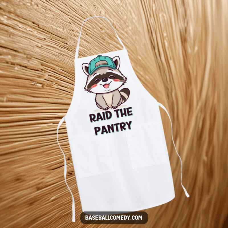 Funny apron with a giggling raccoon wearing a baseball cap backwards, grinning, perfect for a fun cooking experience.