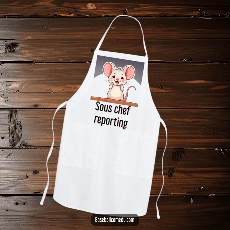 Funny apron with a curious mouse cheering from a baseball dugout, perfect for adding humorous spirit to cooking.