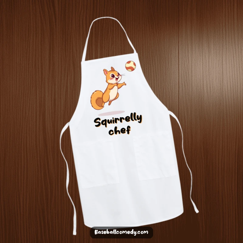 Funny squirrel apron depicting a squirrel leaping to catch a fly ball, ideal for baseball-themed cooking.