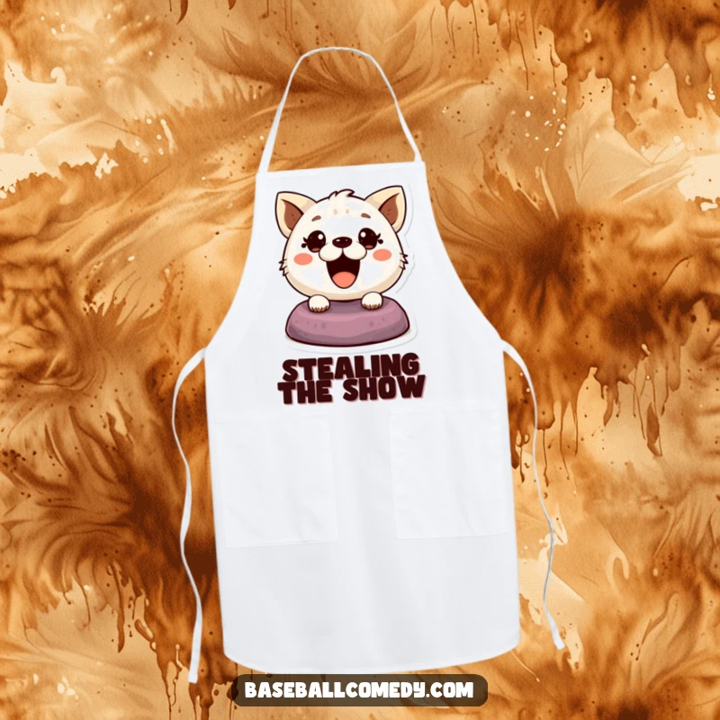 Funny apron illustrating a cute animal with wide, excited eyes, executing a sneaky base steal while cooking.