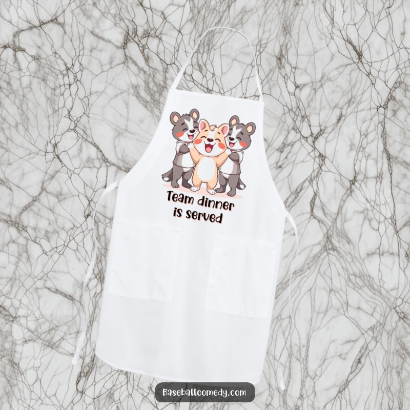 Funny apron depicting a happy animal celebrating with teammates after a play, adding festive cheer to the kitchen.