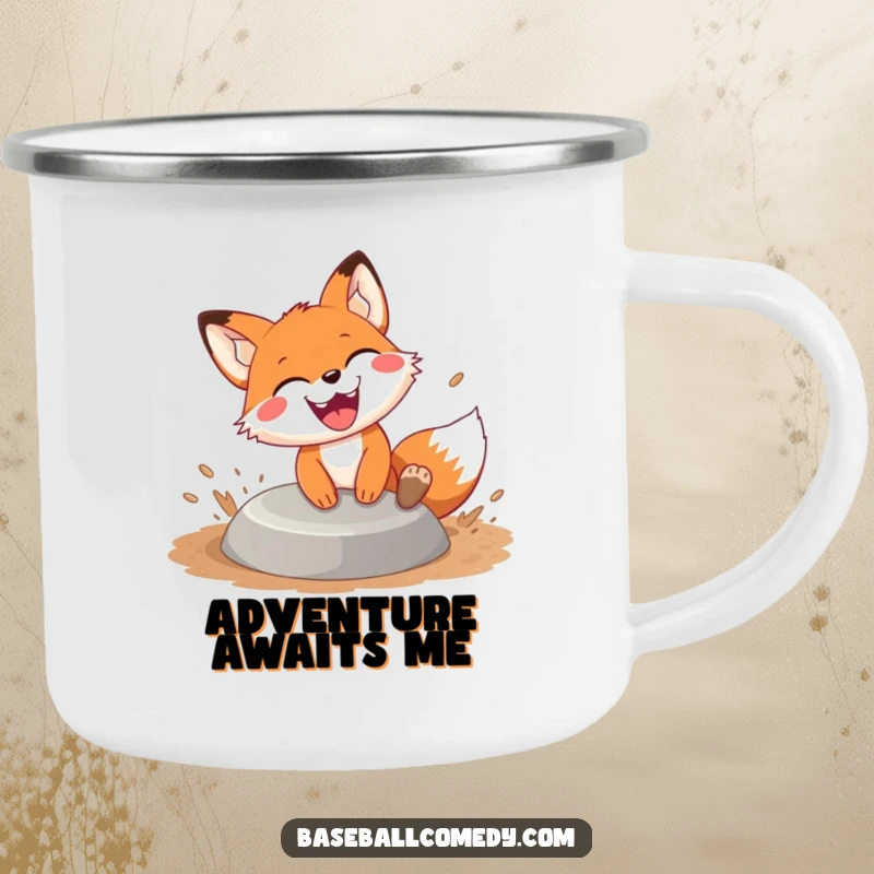 Funny fox sliding camping mug, a happy fox slides into base with dirt flying and a huge grin, ideal for camping trips.