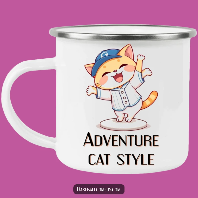 Funny Cat Cartwheeling Baseball Camping Mug: Adventure Brew with Feline Flair!