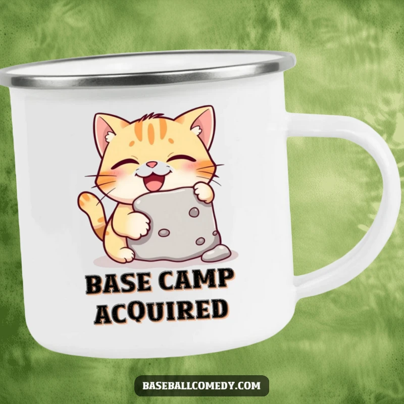 Funny camping mug with a giggling cat stealing a baseball base, ideal for outdoor adventures and humorous moments.