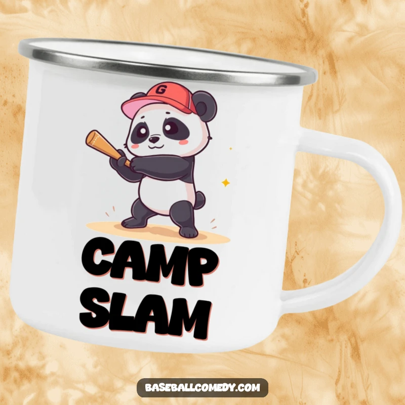 Funny panda camping mug showing a panda hitting a grand slam, durable and humorous for outdoor enthusiasts and gift-givers.