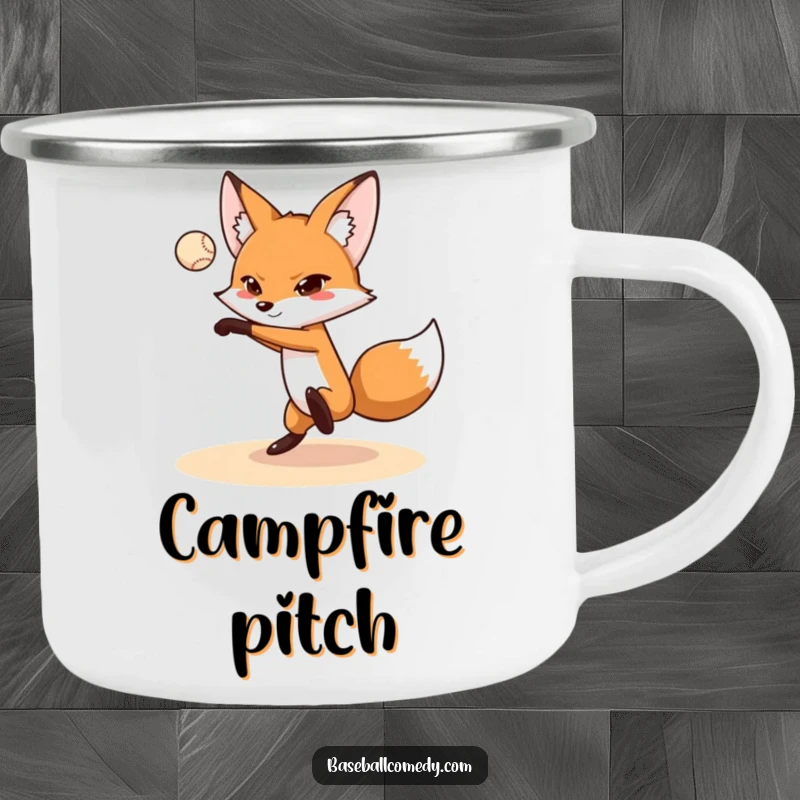 Funny fox camping mug showing a fox pitching a baseball, durable and humorous for outdoor enthusiasts and gift-givers.