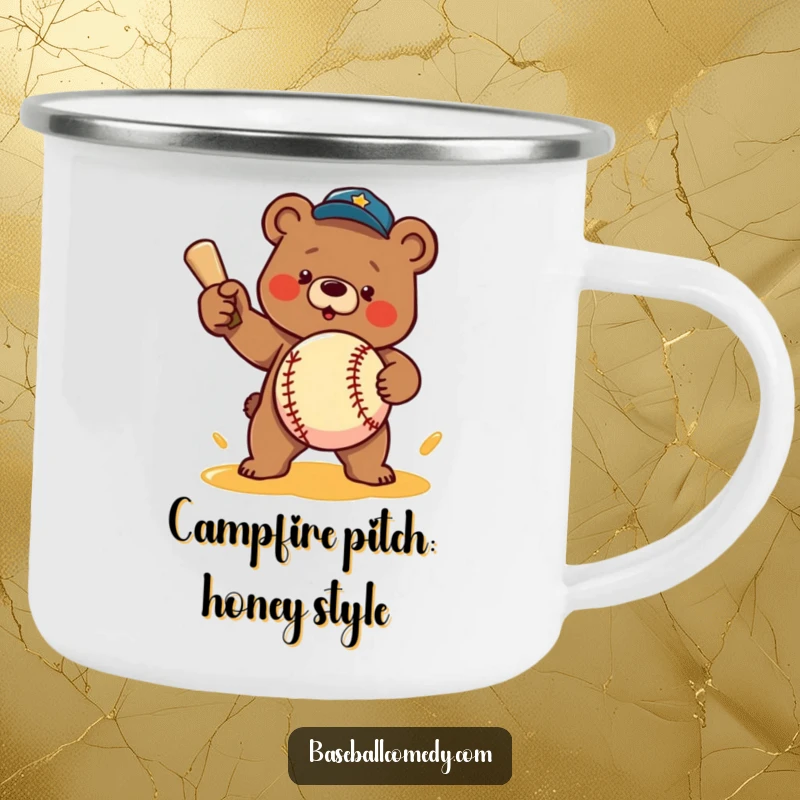 Funny camping mug: A determined bear pitches a baseball made of honey on an outdoor adventure.