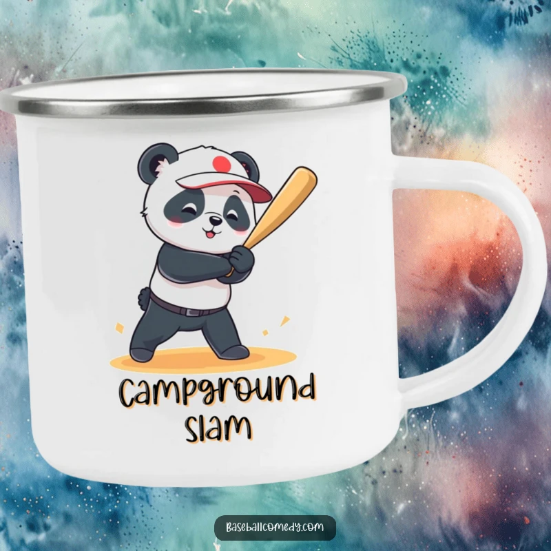 Funny camping mug with a playful panda hitting a baseball for a grand slam, perfect for outdoor adventures and humorous sipping.
