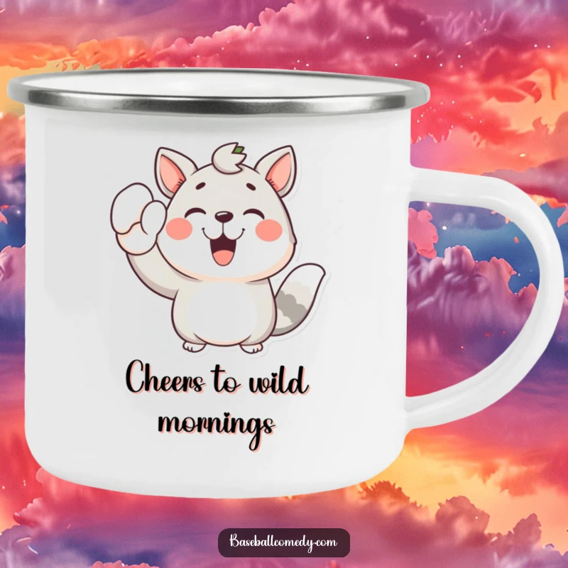 Funny camping mug with a joyful animal raising its mitt, symbolizing adventure, celebration, and a love for the outdoors.