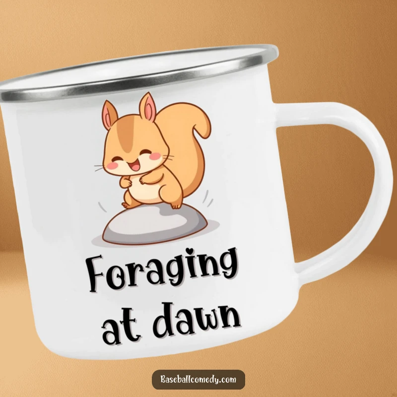 Funny squirrel baseball camping mug featuring a happy squirrel stealing a base, tiny legs pumping fast, for outdoors.
