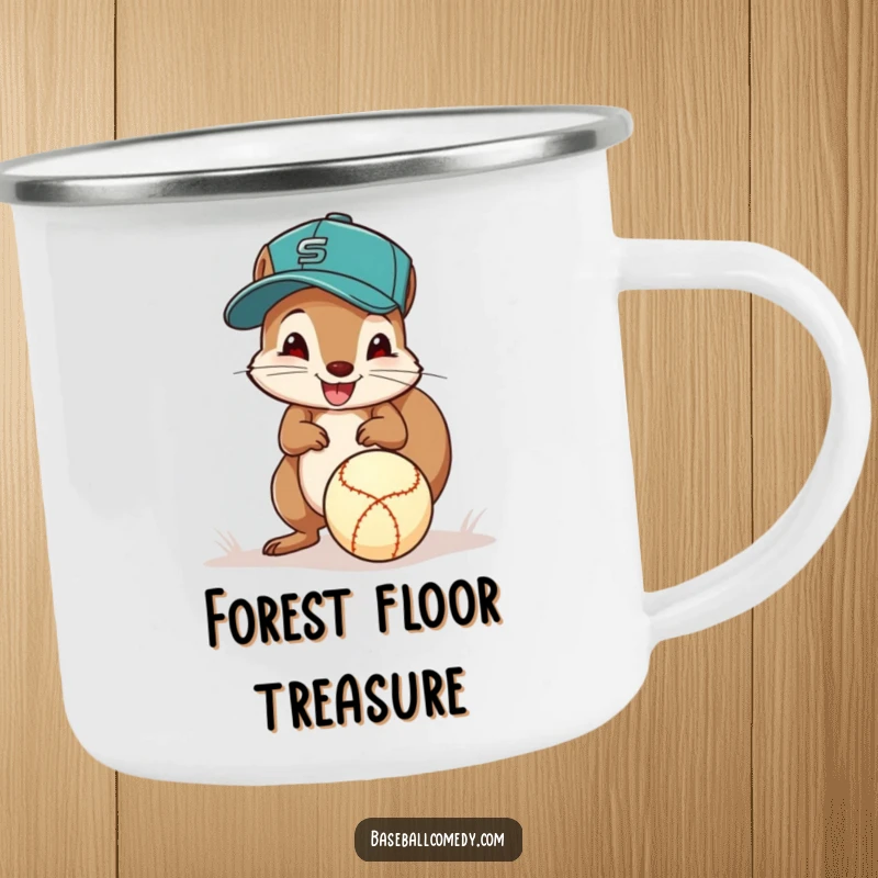 Funny squirrel baseball camping mug, a squirrel in a cap excitedly fields a ground ball with its paws, great for camping trips.