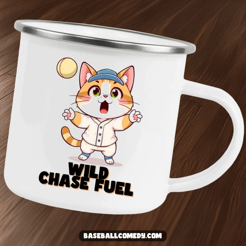Funny cat in a baseball uniform, wide-eyed surprise, catching a fly ball, on a durable camping mug for outdoor use.