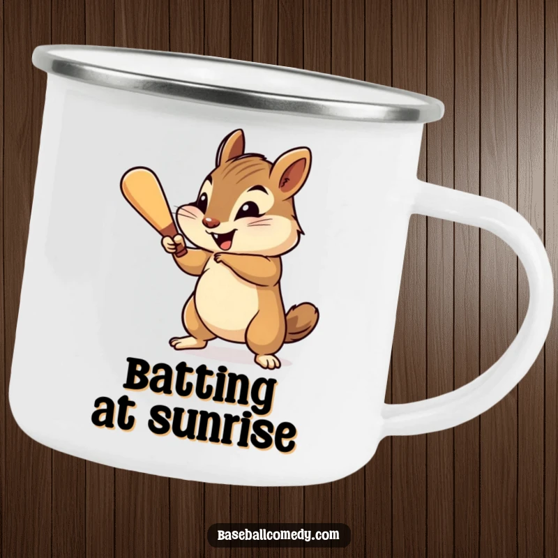Funny chipmunk camping mug, cheerfully swinging a tiny baseball bat with gusto, ideal for outdoor adventures.