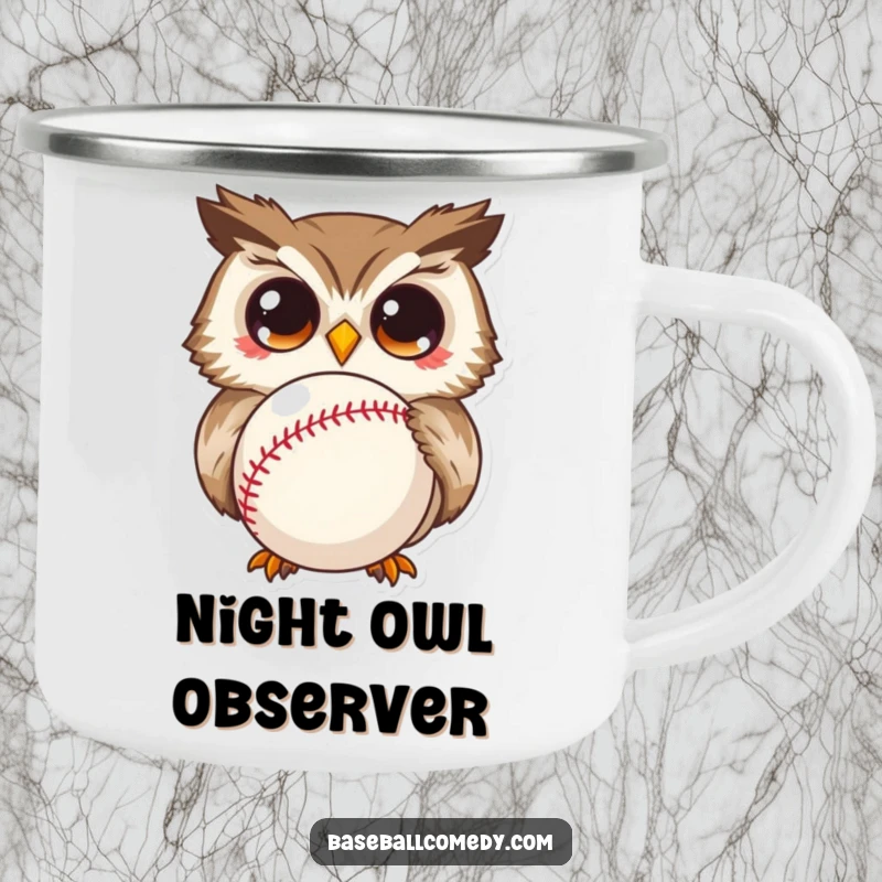 Funny camping mug featuring a curious owl with wide eyes, fascinated by a baseball, great for outdoor fun.
