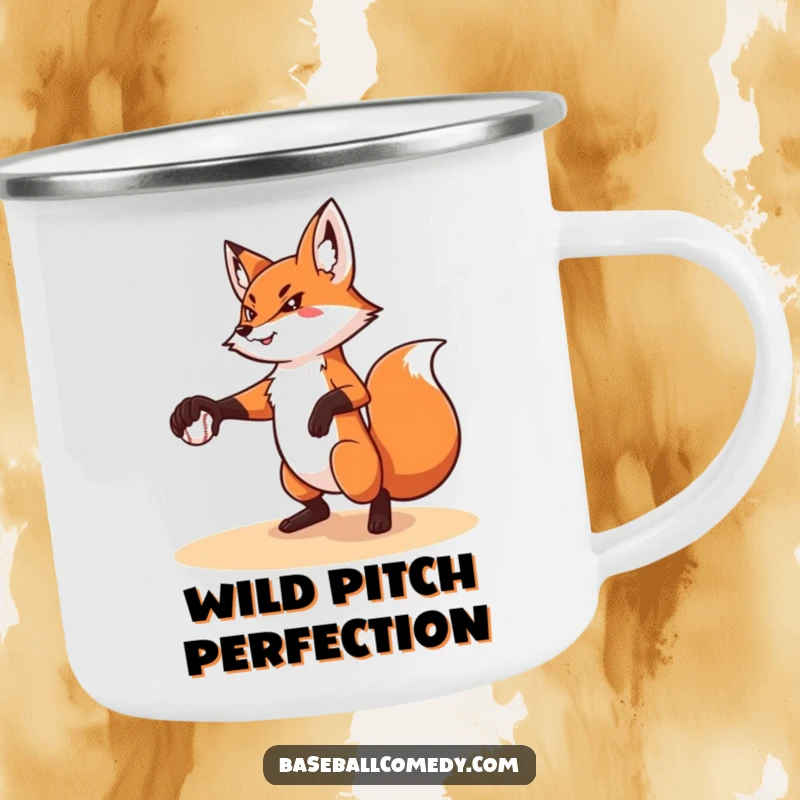 Funny camping mug with a determined fox pitching a baseball, perfect for outdoor adventures and humorous sipping.