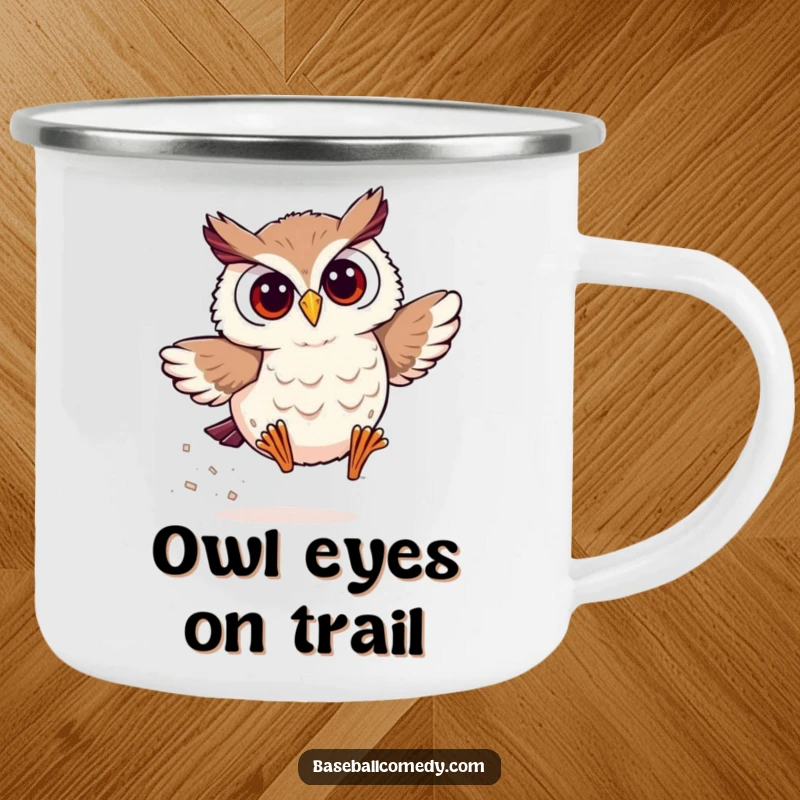 Funny owl camping mug depicting a smiling owl rounding the bases with surprising speed, perfect for outdoor lovers and baseball fans.