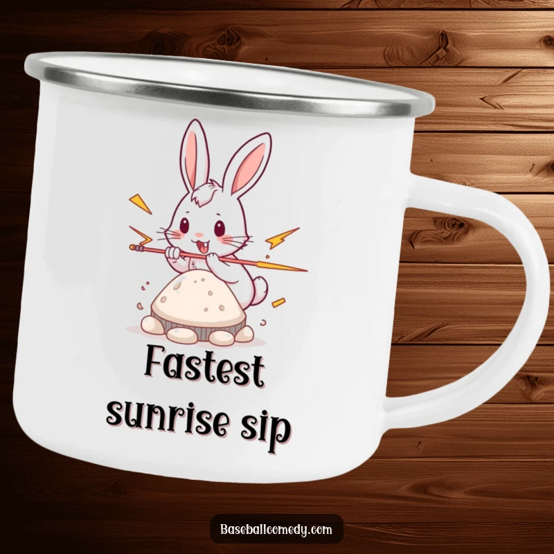 Funny rabbit camping mug, playfully stealing a base with lightning speed, rugged and quick.